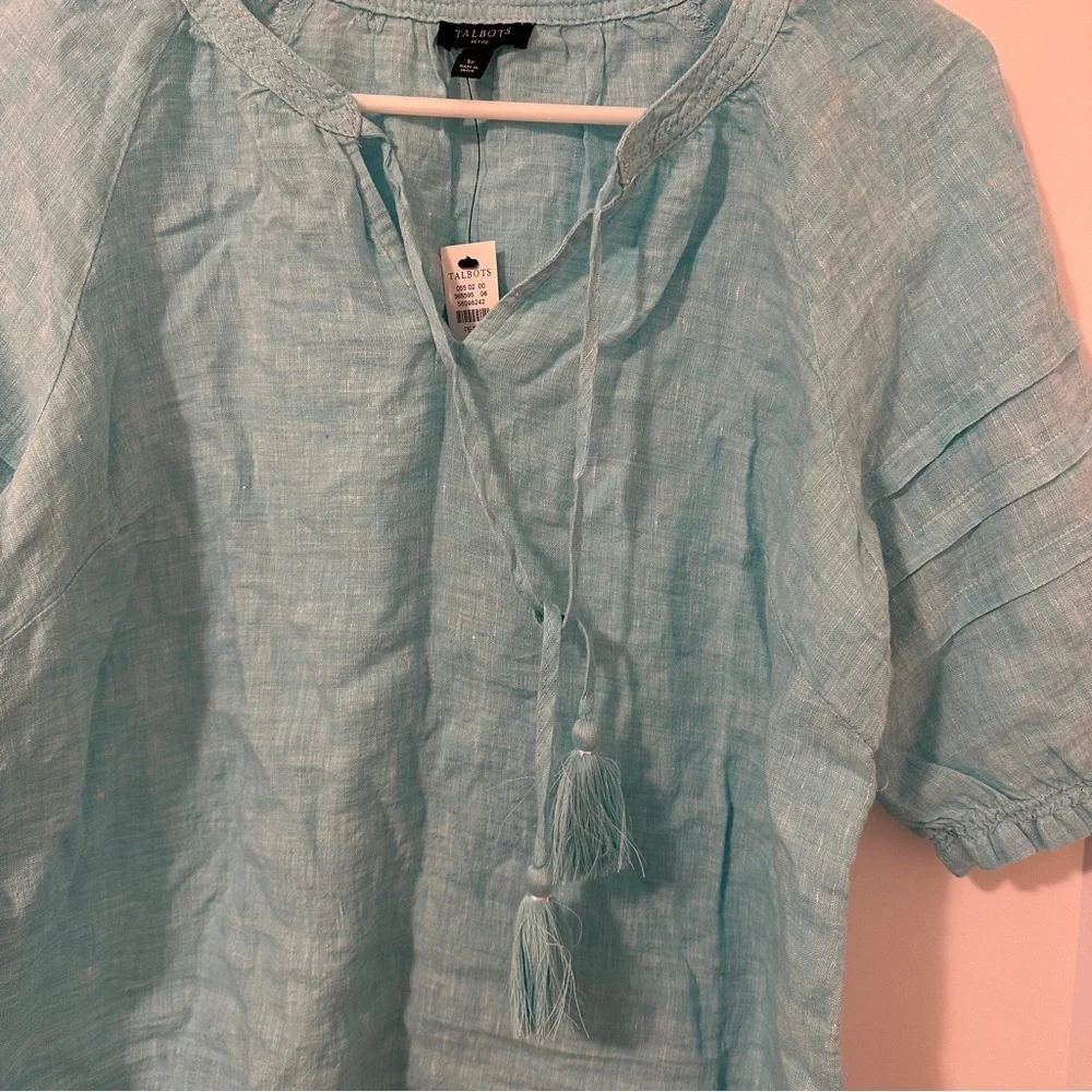 Talbots Aqua Blue Linen Peasant Tunic With Pleated Sleeves Size SP Women’s NWT - Picture 4 of 14